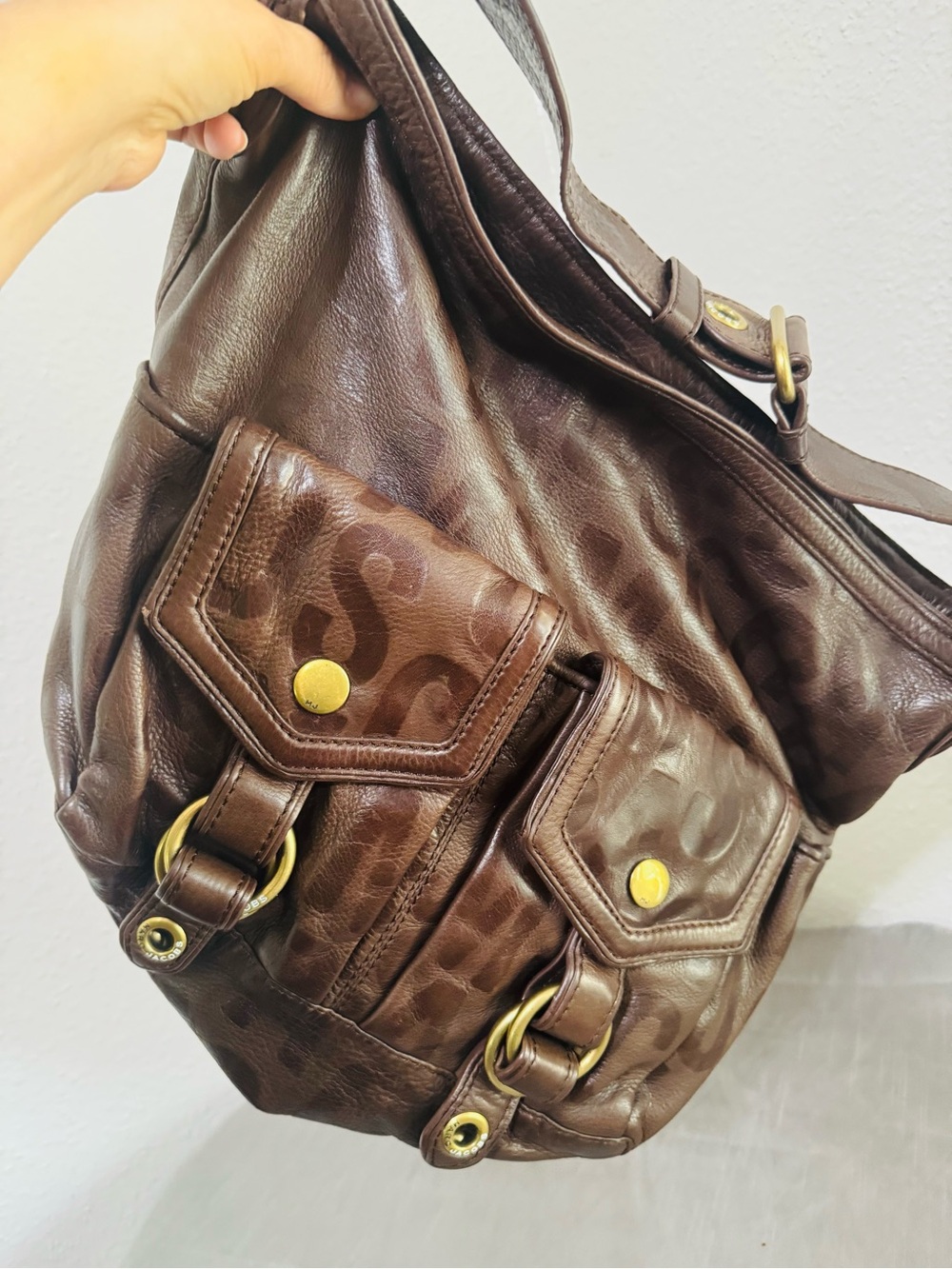Marc Jacobs Brown Leather Shoulder Bag with Front Pocket Details